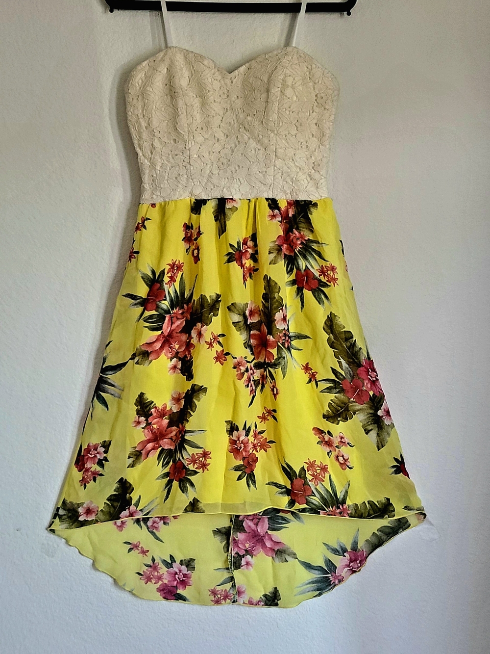 Yellow Floral High-Low Dress with Ivory Lace Bodice